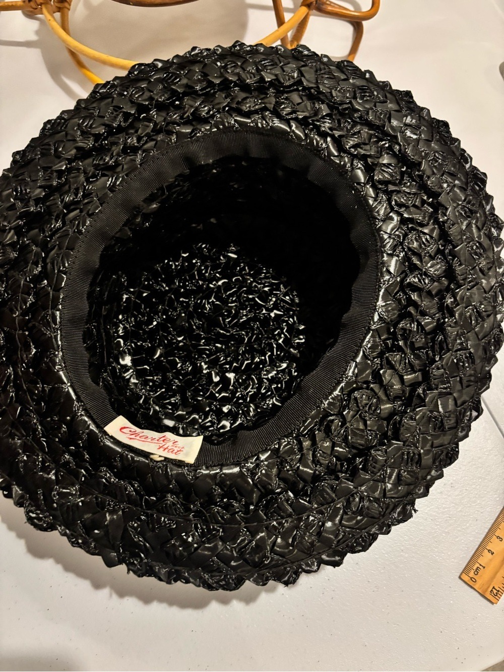 Vintage Charter Hat black woven raffia straw sun hat flat crown medium brim - Picture 8 of 15